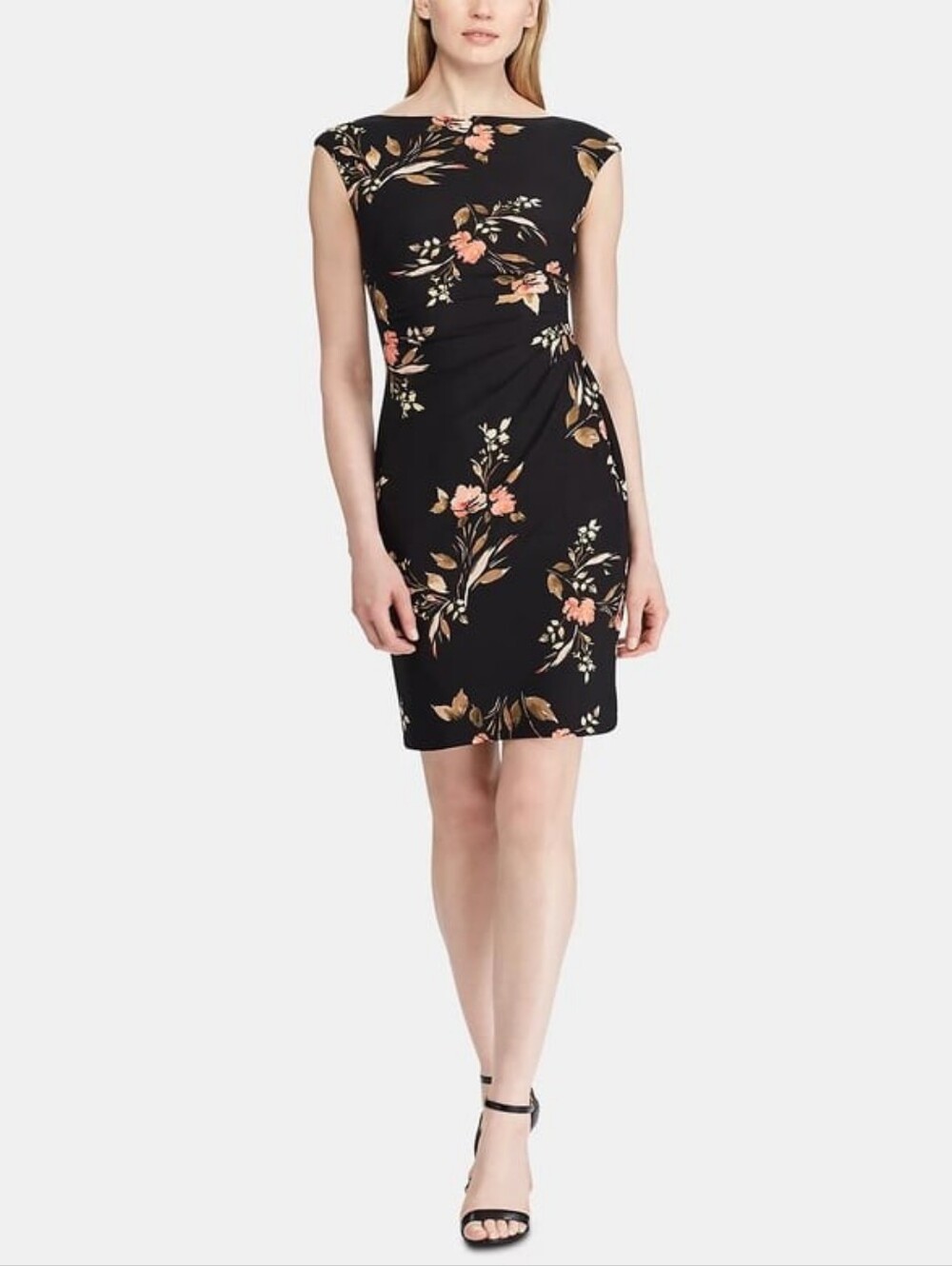 Lauren Ralph Lauren Floral Ruched Sheath Jersey Dress Women’s Size 16 Cap Sleeve